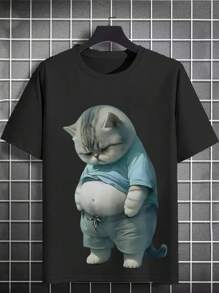 Manfinity Dauomo Men's Cat Print Casual Short Sleeve Round Neck T-Shirt - Black - View 1