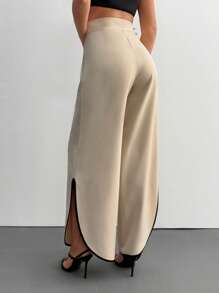 EURMUSE 女士纯色针织西装裤，撞色绑带细节，开衩下摆，时尚办公室女士优雅外出