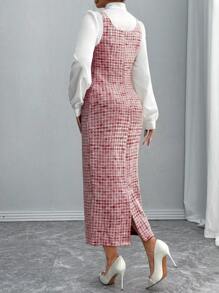 Elenzga 2 chiếc áo sơ mi cổ trắng thanh lịch kiểu Pháp và váy yếm dài bằng vải jacquard màu hồng, dành cho nữ mùa thu/đông - Đỏ - Xem 2