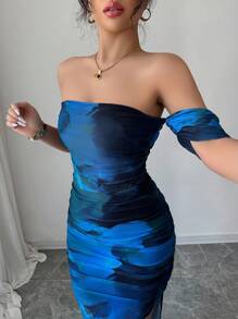 Elenzga 女士优雅露肩扎染开衩修身连衣裙，秋季长款女装 - 水鴨藍 - 查看 5