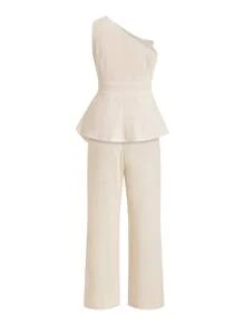 Ellevyn Damen Anzug mit Leinentop mit schräger Schulter und weiter Hose, Damen Sommerkleider