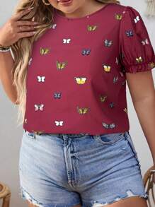 SHEIN VCAY Plus Size Women Butterfly Print Knotted Back Short Puff Sleeve Blouse - Burgundy - View 2
