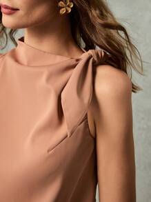 Poéselle 女士纯色结领无袖休闲衬衫 - 卡其色 - 查看 6