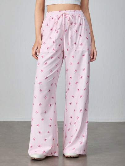 Kawaii Women's Loose Straight Leg Pants With Waist Tie And Side Pockets, Striped Knitted Ballet Style