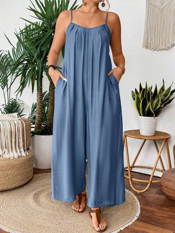 SHEIN CURVE+ Plus Size Pleat Textured Casual Loose Jumpsuit