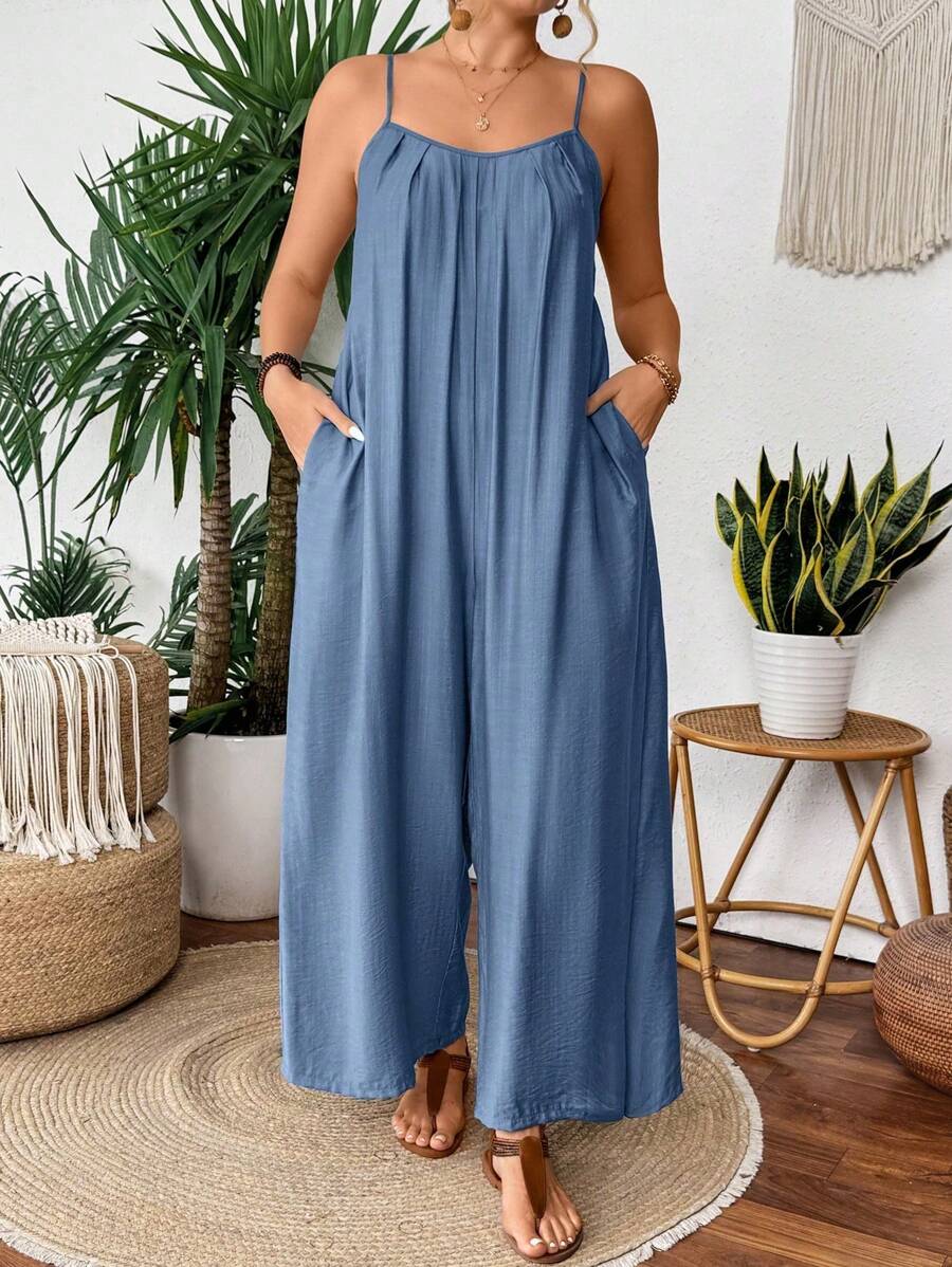 SHEIN CURVE+ Plus Size Pleat Textured Casual Loose Jumpsuit