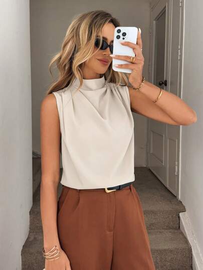 SHEIN LUNE Camisa de mujer de talla grande con cuello alto, plisada y sin mangas, de estilo de moda