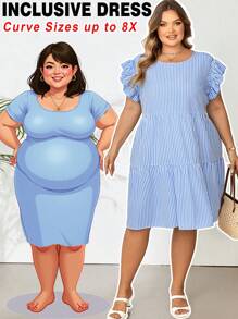 SHEIN CURVE+ Plus Striped Print Ruffle Trim Smock Summer Dress Boho Vacation - Blue and White - View 10