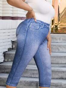 SHEIN LUNE Plus Size Women Tight-Fitting 7/8 Leggings With Denim Effect Printed Pattern, Elastic & Seamless Casual Sports Capri Pants