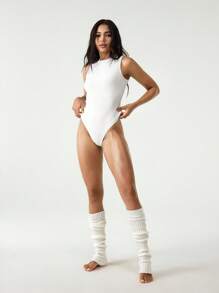 Hanevo Summer Solid Ribbed Sleeveless Bodysuit Sportwear For Daily Wear - White - View 5