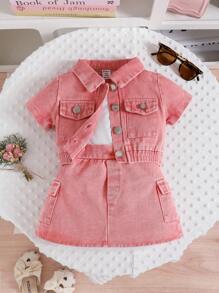 3pcs Baby Girls Fashion Cool Pink Denim Jacket With Matching Pink Denim Skirt & White Camisole Set, Summer - Pink - View 4