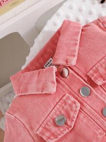 3pcs Baby Girls Fashion Cool Pink Denim Jacket With Matching Pink Denim Skirt & White Camisole Set, Summer - Pink - View 5