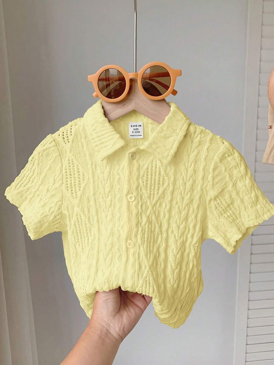 SHEIN LMoss Kids Unisex Baby Casual Solid Color Hollow-Out Soft Knitted Round Neck Short Sleeve Cardigans - Yellow - View 1
