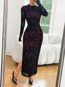 SHEIN EZwear Zwarte gevlokte mesh maxi bodycon jurk voor dames
