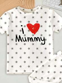 SHEIN I LOVE MUMMY Boys Cartoon Pattern Short Sleeve T-Shirt & Pants Pajama Set, Snug Fit, Suitable For Spring & Summer