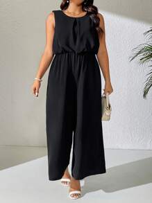 Elenzga Plus Size Women's Solid Color Splicing Lace Casual Wide Leg Jumpsuit