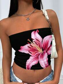 INAWLY Y2K 百合花卉印花简约风格日常黑色抹胸