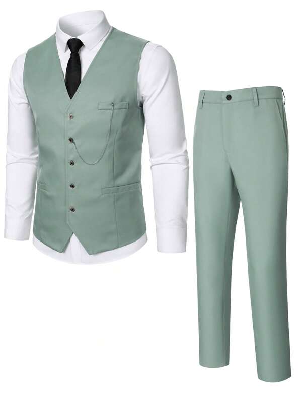 Manfinity Mode Men's Solid Color Single-Breasted Vest And Pants Suit Set ,  Party Outfits For Men ,  Clothing Sets For Men