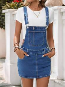Breezaya Váy yếm denim thường ngày cho nữ có túi - Rửa trung bình - Xem 1