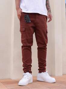 Manfinity Homme Men's Casual Cargo Pockets Washed Denim Jeans, Versatile & - Coffee Brown - View 8