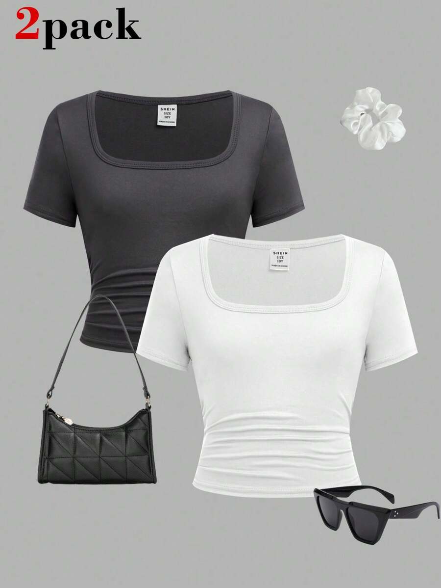 SHEIN Set de 2 camisetas básicas de cuello cuadrado de unicolor blanco para niñas preadolescentes, cómodas y sencillas, lleve 1 y lleve 1 gratis - Blanco y Negro - Ver 1