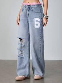 ROMWE Avant 女式 2 合 1 蕾丝拼布数字印花破洞阔腿牛仔裤女式春夏装 - 淺色水洗藍 - 查看 5
