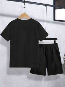2pcs/Set Older Boys Casual Plaid Letter Slogan Print T-Shirt And Shorts Set - Black - View 2