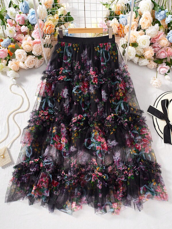 DreamSkyne Romantic Date  Plus Size Elegant Layered Ruffles Mesh Sweet Ladies' New Style Skirt, Valentines