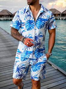 Manfinity RSRT 2pcs/Set Men Tropical Plant Print Short Sleeve Shirt And Shorts Set, Holiday Casual - Multicolor - View 1