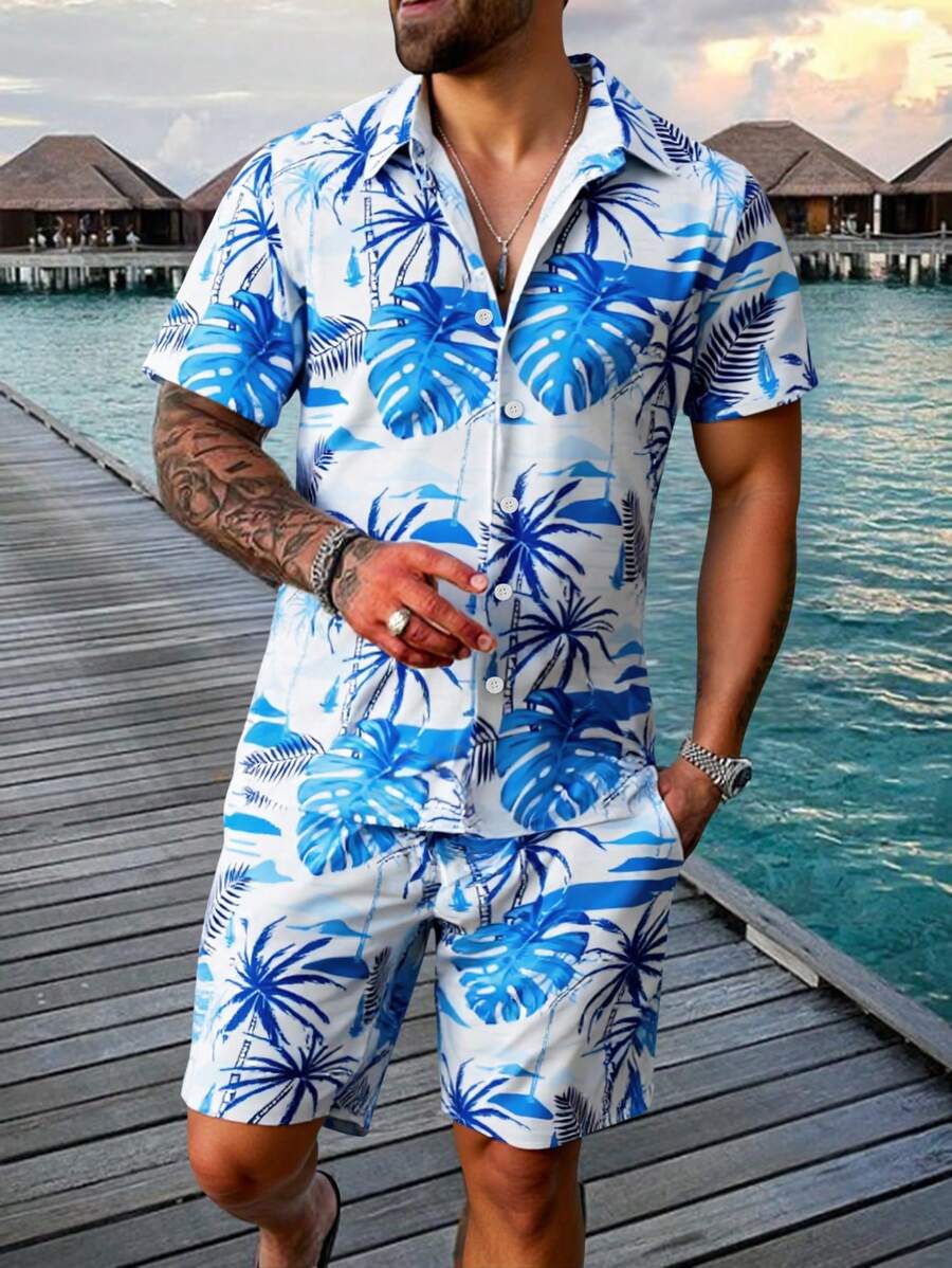 Manfinity RSRT 2pcs/Set Men Tropical Plant Print Short Sleeve Shirt And Shorts Set, Holiday Casual - Multicolor - View 1