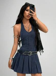 SHEIN EZwear Vestido básico de estilo vintage preppy Y2K para mujer, con volantes, de manga corta, a rayas, abotonado adelante, para festivales musicales, para primavera/verano - Azul Marino - Ver 6