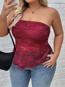 SHEIN CURVE+ Plus Size Lace Triangular Shawl Bralet Top, For Music Festival - Red - View 4