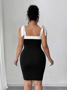 Elenzga Plus Size Women Elegant Knitted Sleeveless Black & White Color Block Bowknot Shoulder Strap Fitted Bodycon Dress - Black and White - View 2