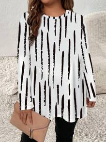 SHEIN LUNE Plus Size Allover Print Crew Neck Long Sleeve T-Shirt - Black and White - View 4