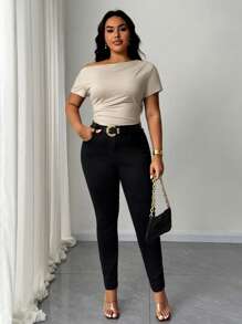 Maweii 大码女式针织优雅不对称领口弹性贴身短袖 T 恤 - 杏色 - 查看 5