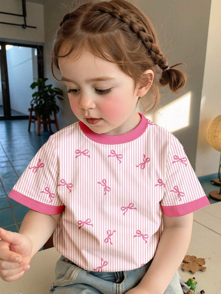 SHEIN Cute Pink Stripe, Bow Graphic Short Sleeve T-Shirt For Girls, Casual Simple Crewneck, Summer