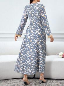 Al Najma Women's Floral Print Patchwork Belt Long Sleeve Elegant Arabic Style Dress,Modest