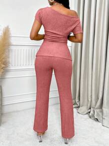 SOLERSUN 不对称领口开衩下摆褶饰上衣和喇叭裤 - 粉色 - 查看 2