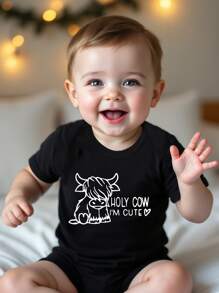 Toddler Boy Cute Baby Bull And Letter Graphic Short Sleeve Romper, Summer