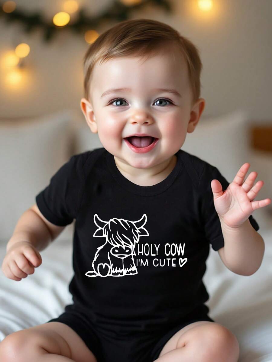 Toddler Boy Cute Baby Bull And Letter Graphic Short Sleeve Romper, Summer