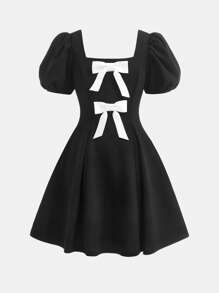 Girlism 少女纯色 3D 蝴蝶结装饰优雅梭织连衣裙、公主裙、毕业舞会、生日派对、返校、法式优雅连衣裙、情人节少女、花童裙、舞会裙、婚礼宾客裙、毕业裙、狂欢装 - 黑與白 - 查看 2