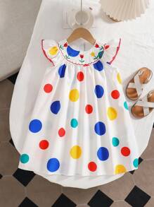 SHEIN 适合年轻女孩的休闲波尔卡圆点印花经典简约时尚夏季度假连衣裙 - 彩色 - 查看 1