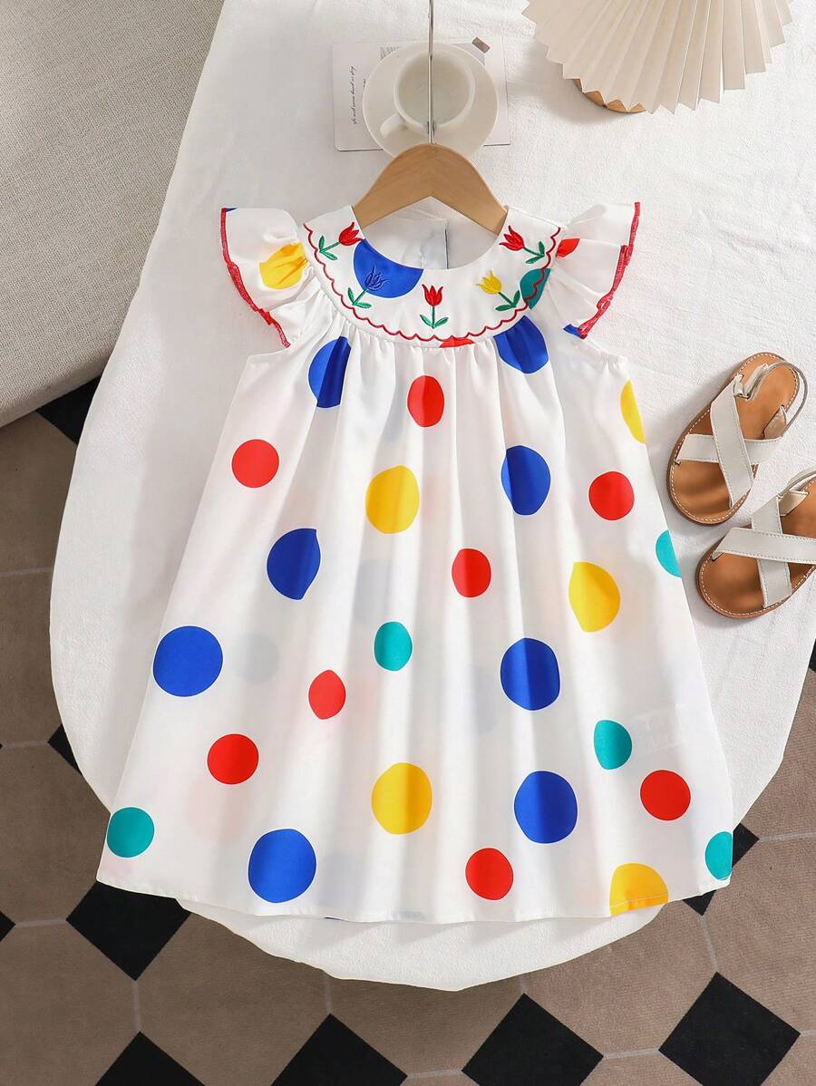 SHEIN 适合年轻女孩的休闲波尔卡圆点印花经典简约时尚夏季度假连衣裙 - 彩色 - 查看 1