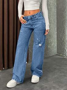 EURMUSE Casual Washed Distressed Low Waist Straight Leg Jeans - Medium Wash - View 3