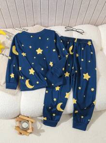 2pcs Toddler Boys Minimalist Star & Moon Print Long Sleeve Top And Pants Casual Comfortable Loungewear Set - Navy Blue - View 2