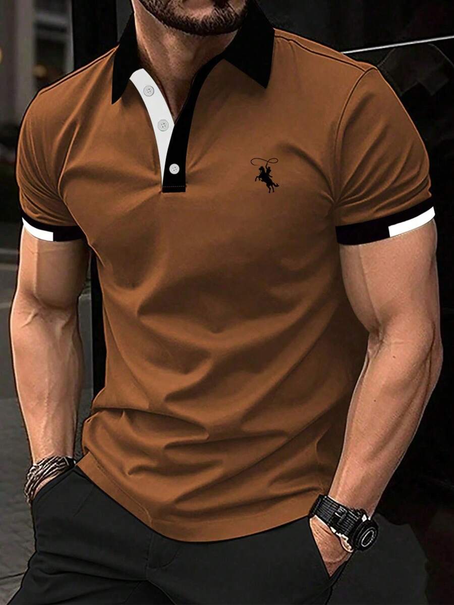 Calvornis 男士休闲短袖POLO衫，简约时尚，适合夏季 - 棕色 - 查看 1