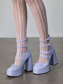 ROMWE Avant 女式网眼褶边拼接圆头高跟鞋朋克黑色 PU 皮革浅口鞋，深色哥特风格，适合休闲和校园穿着 - 紫色 - 查看 6