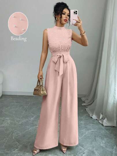  Elenzga Pearl Beaded Sleeveless Cinched Waist Apricot Elegant Commuter Stacked Neck Top Wide Leg Jumpsuit , Comfortable Jumpsuit, Asymmetric Sleeveless Top Jumpsuit, Suitable For Spring/Summer/Fall/Winter Season, Concert Women's Clothing, Elegant, Evening Gowns, Suitable For Everyday, Commute, Wedding Season