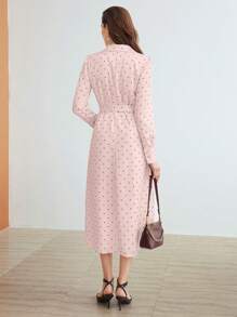 MOTF PREMIUM 波尔卡圆点印花连衣裙，配腰带，有领，下摆开衩，编织 - 粉色 - 查看 5