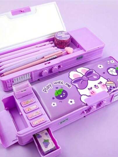 1 件多功能铅笔盒带密码锁，高科技智能文具盒，女孩自动双层笔筒